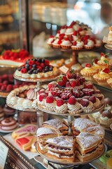 Fototapeta premium Exquisite French Pastry Showcase, Flaky, Decadent, Patisserie Delights, Elegant, Parisian-inspired background