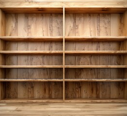 Empty wooden bookshelves with a simple, rustic design. Perfect for home or office library storage solutions.