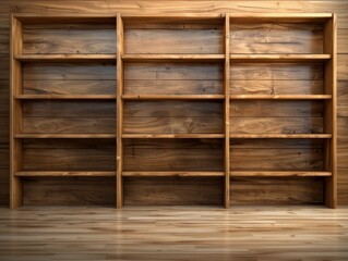 Empty wooden bookshelves with multiple compartments on a wooden floor, perfect for home or office decor and storage solutions.