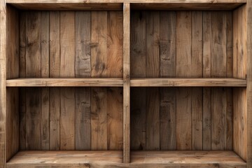 Empty wooden shelf with four compartments and rustic design, perfect for storage or decoration in homes, offices, or shops.