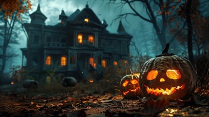 Obraz premium a spooky Halloween scene with carved pumpkins glowing ominously set against a backdrop of a creepy forest and an old abandoned mansion
