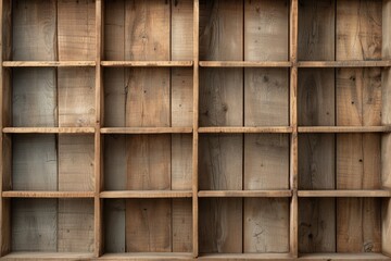 Empty wooden shelf with multiple compartments, ideal for organizing and storage, made from rustic, natural wood.