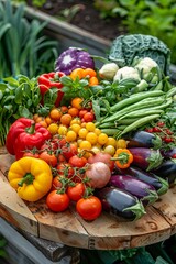 Farm-to-Table Vegetable Platter, Organic, Colorful, Farm-fresh, Wholesome, Countryside background