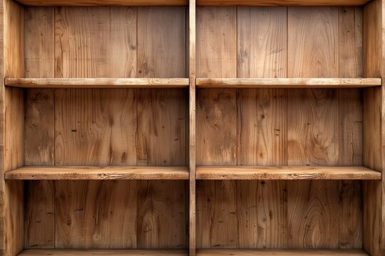 Empty wooden shelf with multiple compartments. Rustic, natural wood texture, ideal for storage, interior design, or furniture projects.
