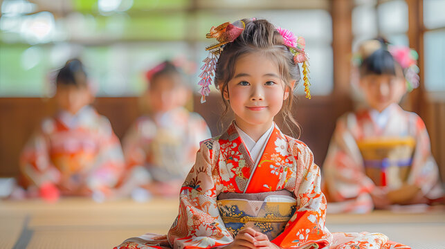 Adorable japanese girl wearing traditional kimono sitting with friends during shichi go san festival