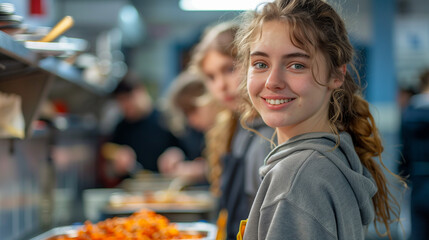 teenagers volunteering at a soup kitchen, preparing and serving meals to those in need