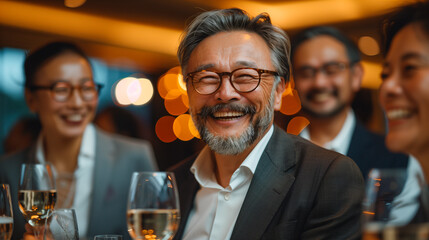  celebrating a colleague's retirement at a surprise party, filled with laughter,

