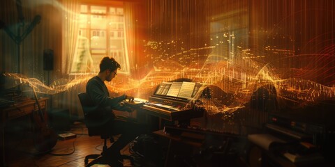 A musician in a dimly-lit room with an AI assistant as floating musical notes and waveforms. The AI guides the musician in composing a new piece. Warm, ambient lighting creates an intimate setting