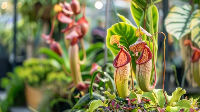 Nepenthes, Tropical pitcher plants or Monkey cups in ornamental garden