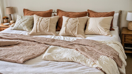 Cozy Bedroom Retreat with Layered Bedding and Fall Colors