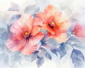 Fototapeta premium Elegant watercolor floral illustration, vibrant and pastel hues, delicate petals and leaves, soft brushstrokes, detailed and serene