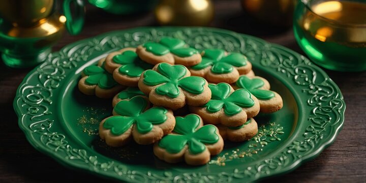 Festive Shamrock Cookies on Green Plate for St Patrick's Day Celebration.