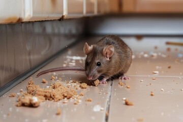 closeup of rat eating crumbs on kitchen floor