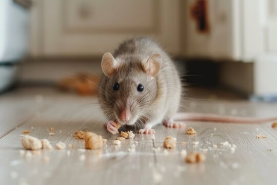 closeup of rat eating crumbs on kitchen floor
