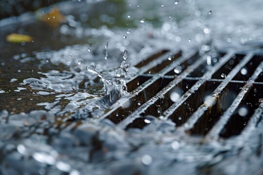 closeup of raindrops splashing near a storm drain