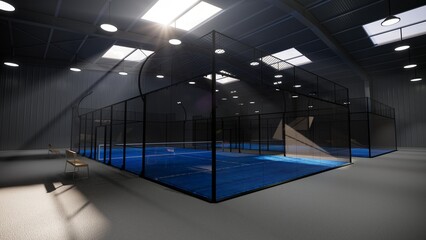 blue padel tennis courts inside a warehouse building, with wooden bench and located in the sports complex facility area. With lights not turned off during the day