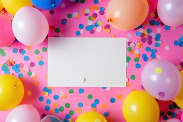 Colorful balloons and confetti surrounding a blank white card on a pink background