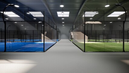 Empty green and blue padel tennis courts inside a warehouse building, situated in the sports complex facility area. With lights on during the day