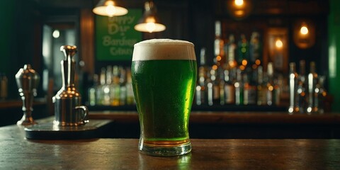 St Patrick's Day party Beer is on the bar counter Pub interior Green tone Close up view.