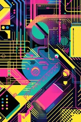 Abstract geometric design with vibrant colors and neon accents, representing technology and innovation.