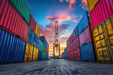 Colorful shipping containers stacked at a dockyard under a vibrant sky with a crane in the background