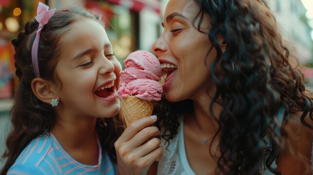 Mother and daughter eating ice cream together, laughing at each other's fun expressions while licking the same cone of pink ice-cream in an urban setting.