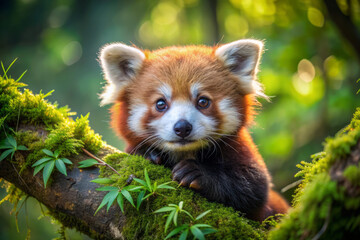 A curious baby red panda with fluffy fur and big round eyes clings to a moss-covered tree branch, surrounded by lush green foliage outdoors.