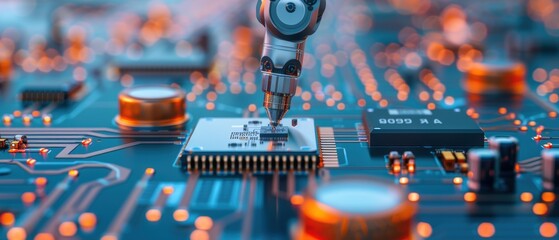 Fototapeta premium Precision Robotics in Manufacturing Displays: Robotic Arm Placing Components on Circuit Board