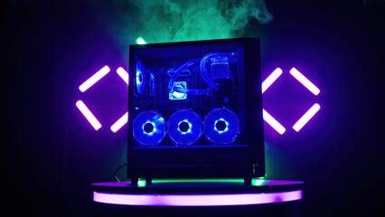 RGB gaming computer case side view blue fans and smoke background