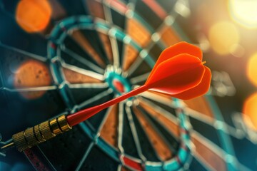 dart hitting the bullseye on a dartboard, symbolizing precision, success, and achievement with a focused