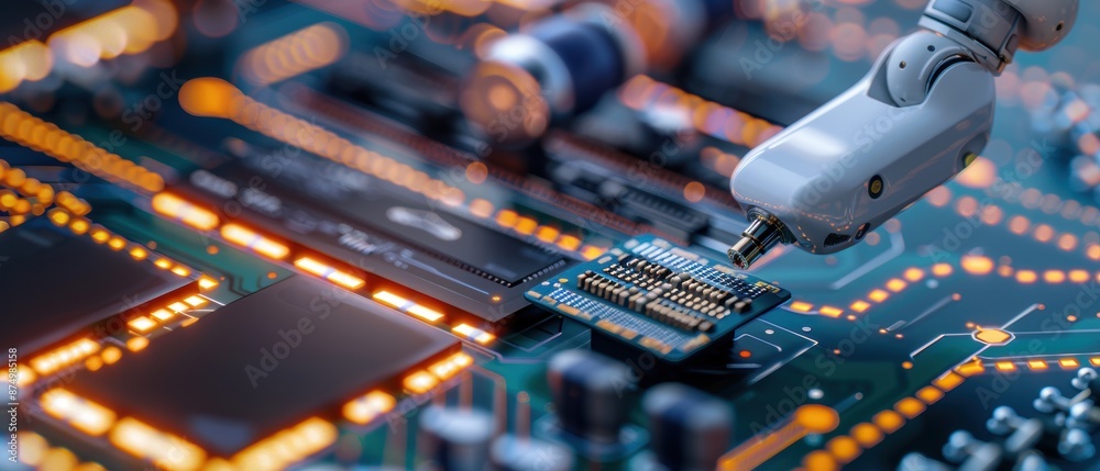 Wall mural precision robotics in manufacturing displays: robotic arm assembling components on circuit board