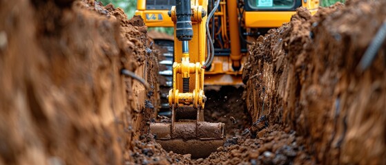 Industrial Trenching Machine Excavating Deep Trench in Construction Site
