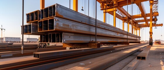 Fototapeta premium Tower Crane in Action: Lifting Steel Beams for Modern Building Construction
