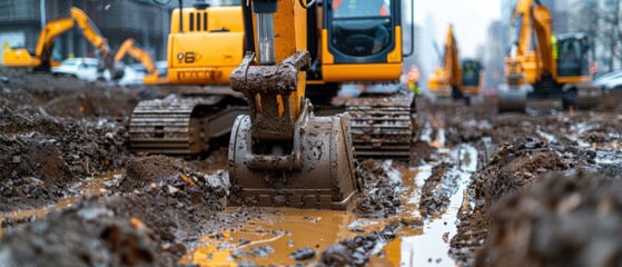Fototapeta premium Powerful Heavy-Duty Excavator at Work on a Construction Site