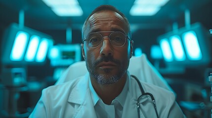 Fototapeta premium Full shot of a doctor in an emergency room, examining a patient, white lab coat, patient lying on a gurney, medical tools and monitors, bright emergency room lighting,