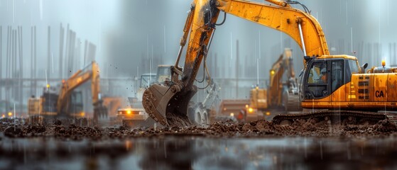 Skilled Construction Worker Directing Heavy Machinery on a Busy Worksite