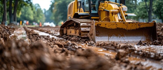 Fototapeta premium Bulldozer Clearing Land for Construction - Industrial Machinery at Work on Building Site
