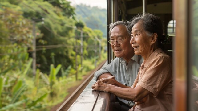 Asian retired couple enjoying a scenic train ride