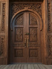 Obraz premium Ornate wooden door with intricate carvings.
