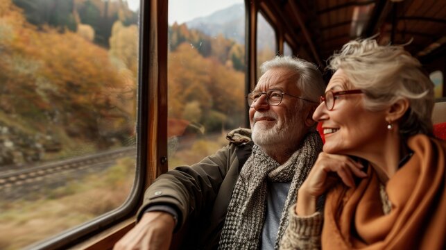 Caucasian retired couple enjoying a scenic train ride - Powered by Adobe