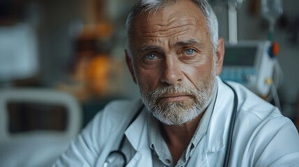 Fototapeta premium Realistic and cinematic image of a doctor by a hospital bed, checking on a patient, white lab coat, stethoscope, medical monitors and IV stand, natural light from window, concerned expression,