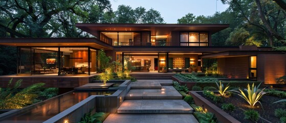 Obraz premium Luxury Living: Elegant Modern Landscape Design with Stylish Home, Serene Garden Paths, and Tranquil Water Features