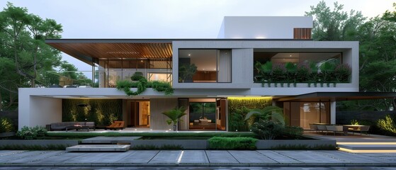 Obraz premium Elegant Contemporary Home with Rooftop Oasis and Stylish Outdoor Lounge
