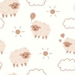 Seamless sheep pattern for children, sheep pattern, fabric pattern, children's pattern, children's pattern, animal pattern, cute animals, beige pattern, minimalism