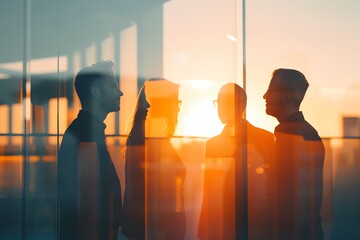 Four business professionals in suits and dresses are having a meeting in a modern office