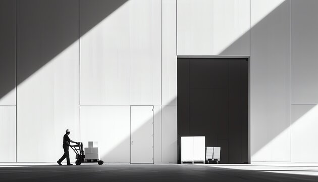 A lone worker pushes a hand truck full of boxes through a large, empty warehouse.