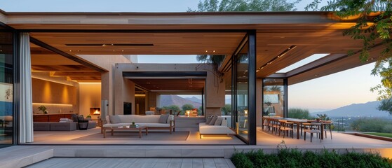 Elegant Al Fresco Dining: Stylish Furniture & Serene Landscape Views