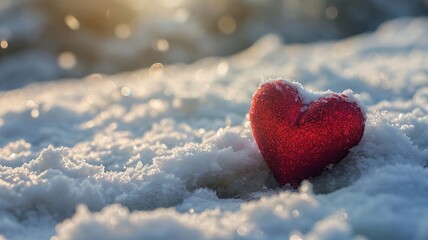 Obraz premium A small red heart lies on the snow. selective focus. Generative AI,
