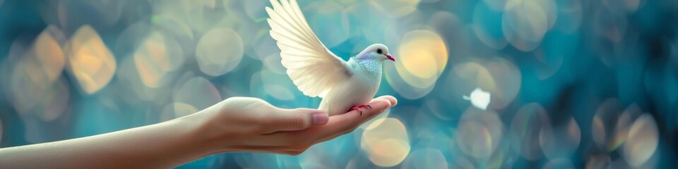 Fototapeta premium Hands Holding Dove Symbolizing International Peace Day, Caring for Earth, World Environment Protection, Heart and Inclusivity Concepts, Close-Up, High-Resolution Wallpaper
