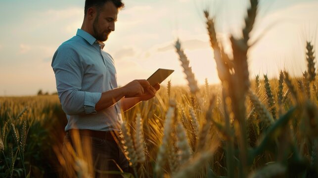 Businessman using tablet botanist in shirt agronomist checking wheat agribusiness data